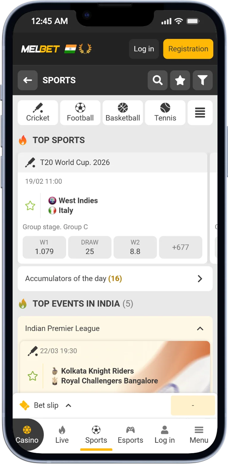 Screenshot of the Melbet App Betting Page